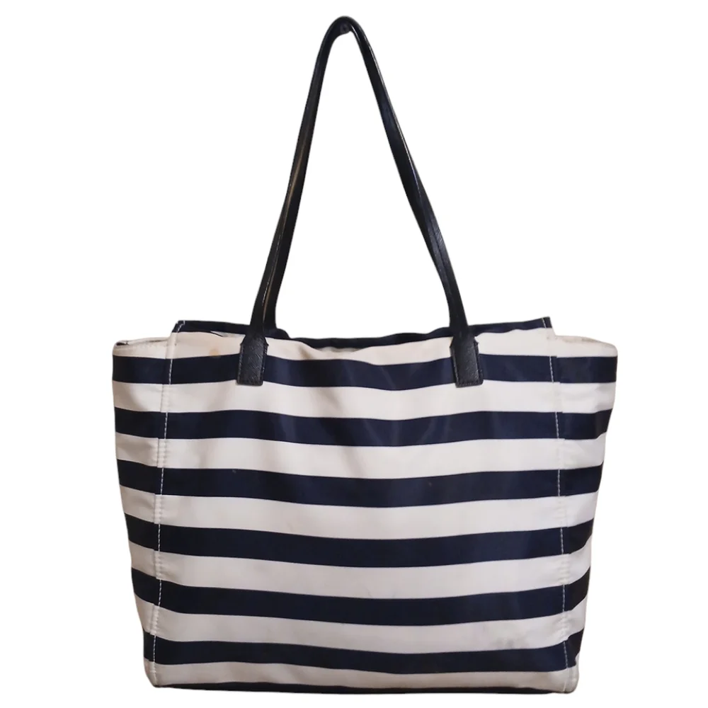 Kate Spade New York Black and White Striped Nylon Tote Shoulder Bag,